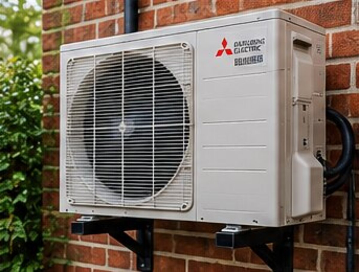 Outdoor air-conditioning condenser unit installed on wall brackets