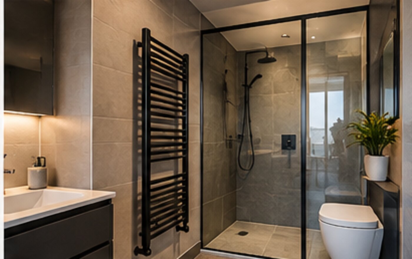 Modern black towel radiator installed in a contemporary bathroom