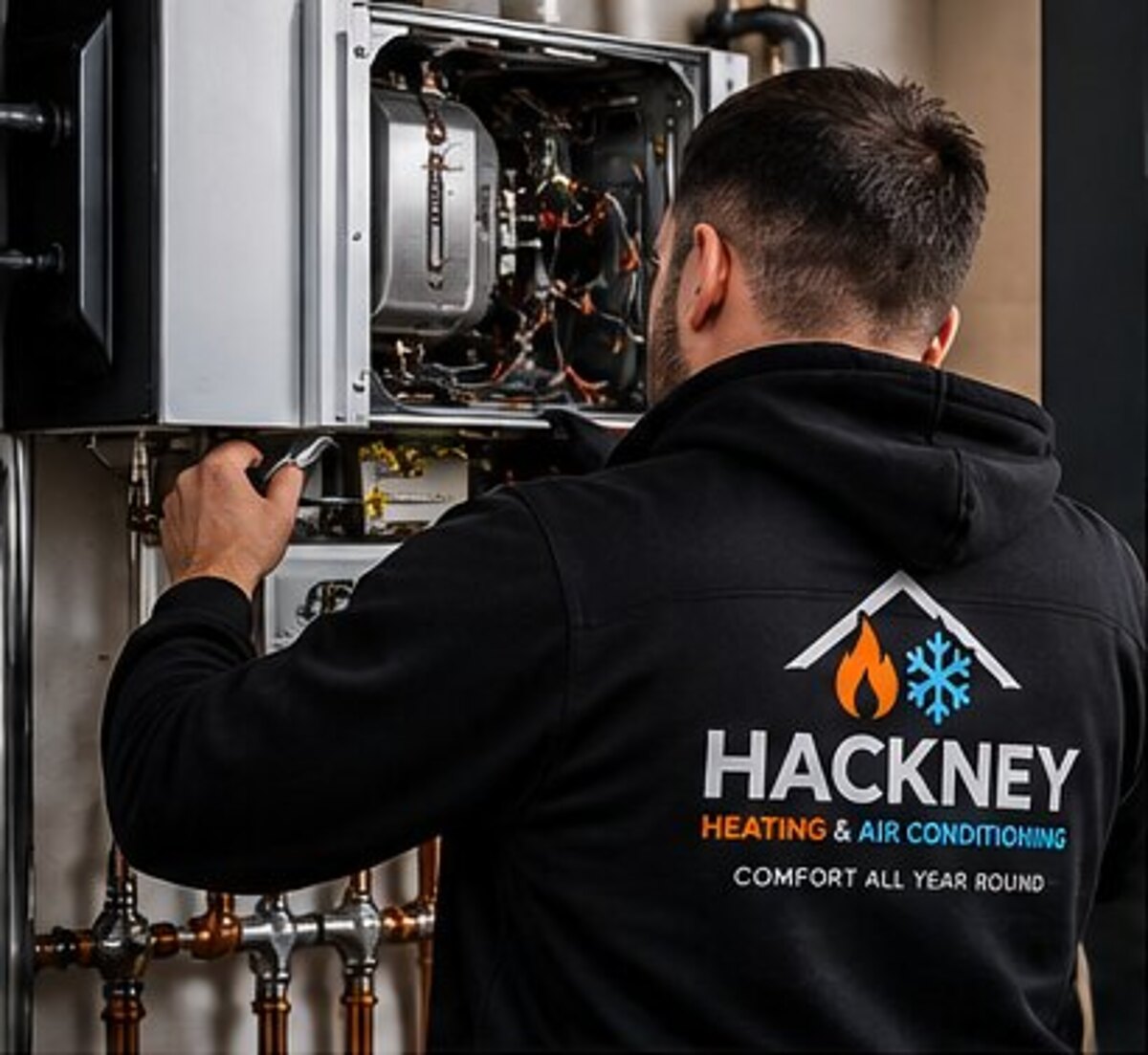 Heating engineer diagnosing and repairing a wall-mounted boiler