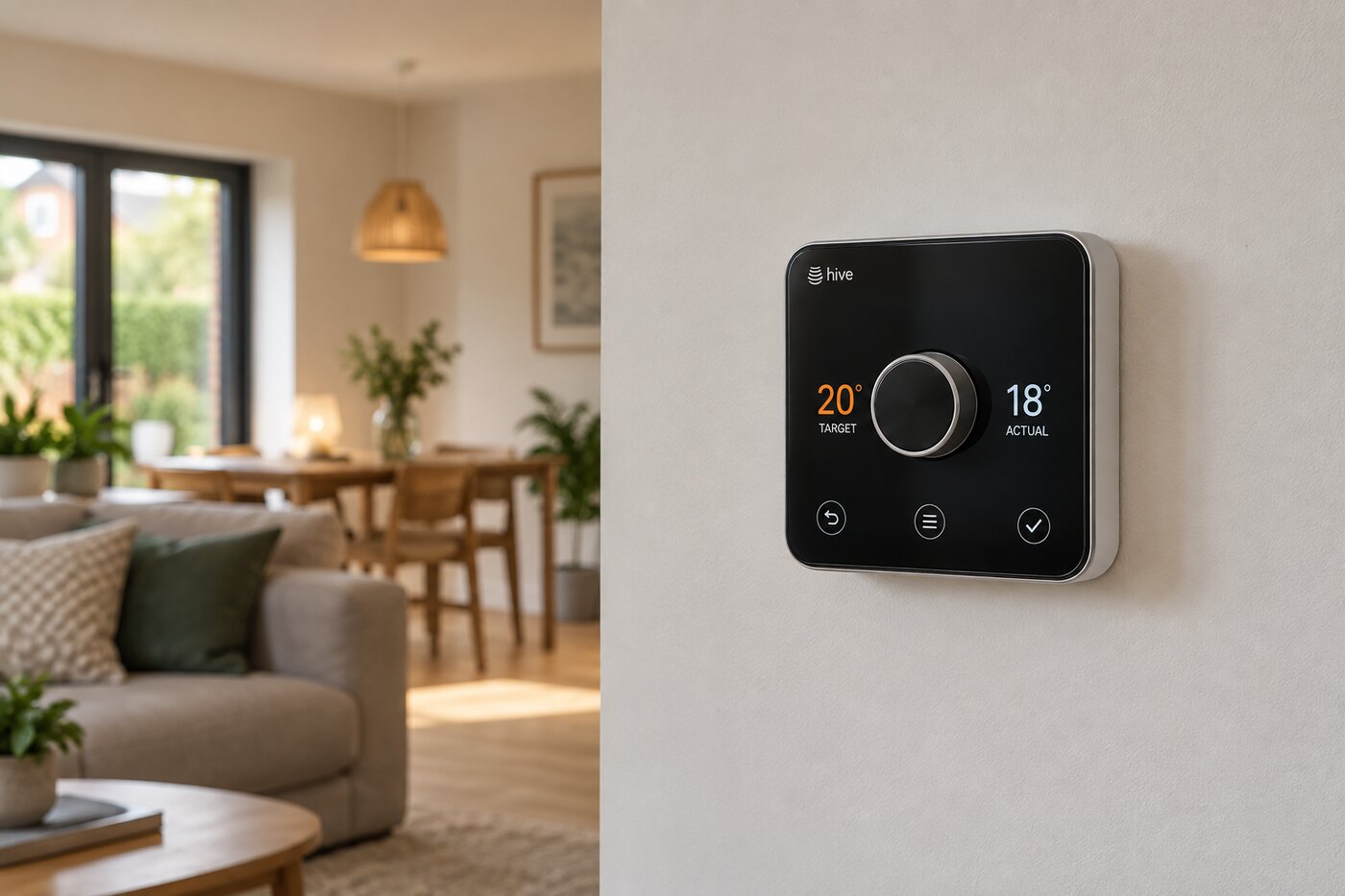 Hive smart thermostat installed on a wall in a modern home