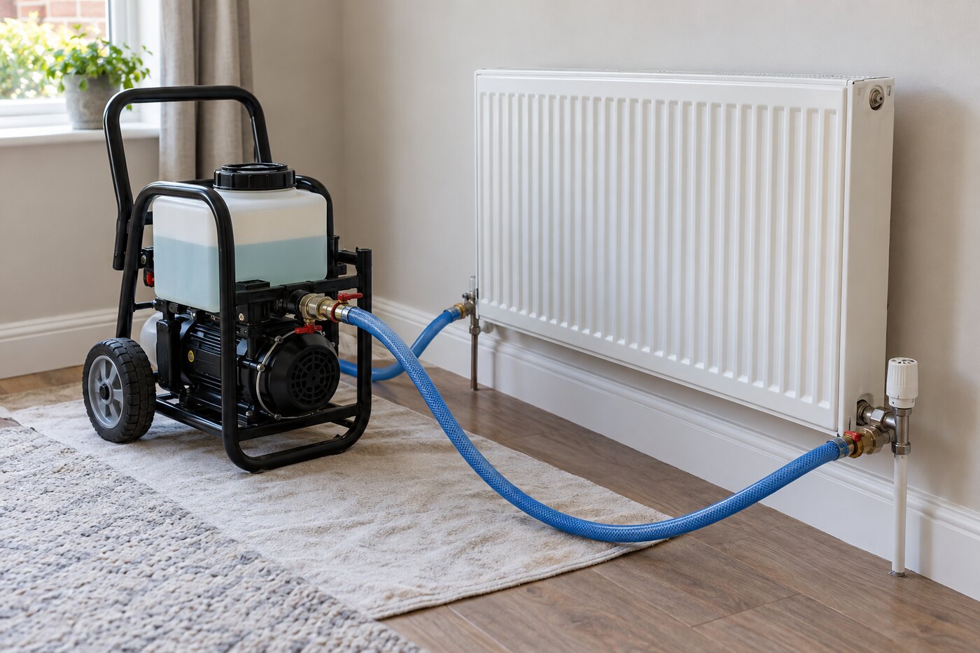 Professional power flushing machine connected to a domestic central heating system