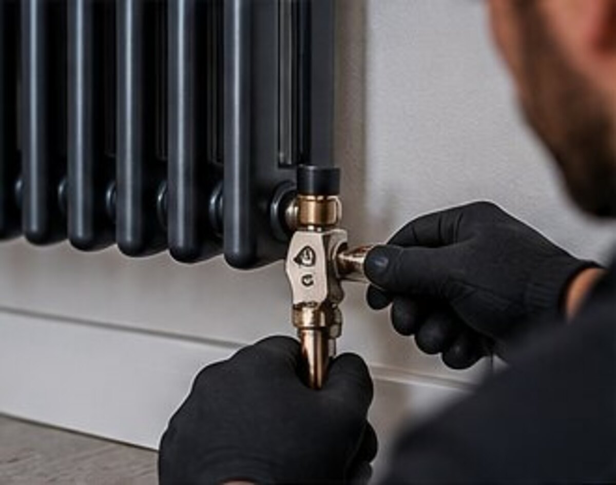Engineer adjusting a valve on a modern radiator